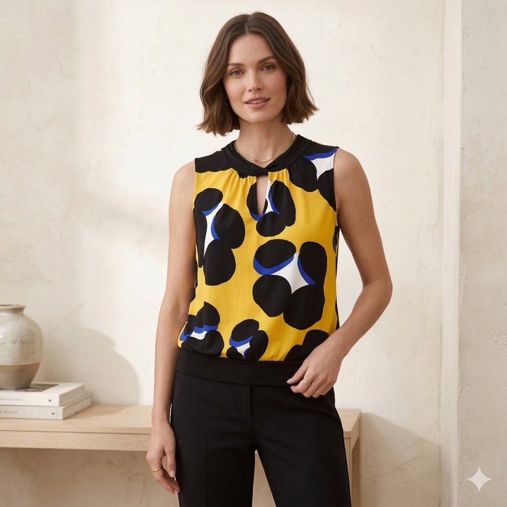 Worthington Sleeveless Shell Top Size L Bold Abstract Floral Keyhole Career Wear